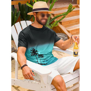 Teal Gradient Palm Tree Bird Silhouette Short Sleeve Crew Neck Casual Summer Men T <b>Shirt</b> - Product Image 4