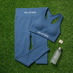 Women Blue Ribbed Halter <b>Crop</b> Sports Bra High Waist <b>Leggings</b> Yoga Set Gym Fitness Workout Activewear Set - Product Image 6