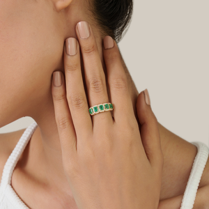 Anillo de Media Eternidad con Halo de Oro Amarillo Real K14 con Esmeraldas y Diamantes de Alta Calidad, Precio al por Mayor, Fabricante de Joyería - Product Image 4