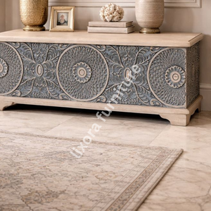 Aparador de Madera Maciza Hecho a Mano de Lujo con Tallado Geométrico Ornamentado de Mandala, Consola Buffet - Product Image 3