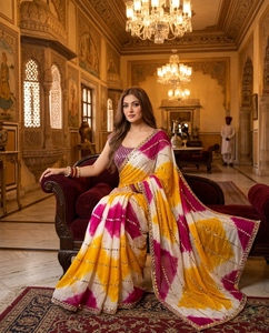 Pink Yellow White Printed Saree Sequin Trim Blouse <b>Net</b> <b>Dupatta</b> Woven Festive Dress - Product Image 3