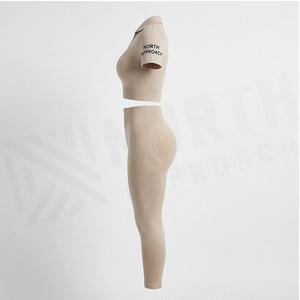 Conjunto de Yoga de 2 Piezas North Approach, Top Corto Beige Sólido, Leggings de Cintura Alta, Ropa Deportiva sin Costuras, Ropa Deportiva para Mujer - Product Image 4