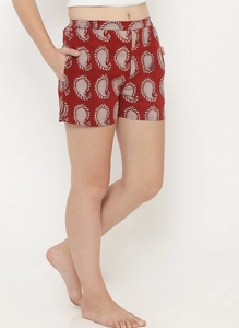 Women's Printed Red Pattern Shorts <b>Elastic</b> Waist Casual Knitted Cotton Breathable With Pockets Regular Fit - Product Image 3