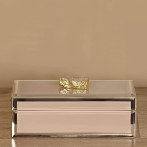Boîte de rangement pour bijoux en verre beige cachemire avec accent en pierre naturelle, bordure dorée, finition brillante, doublure douce, boîte à souvenirs décorative - Product Image 1