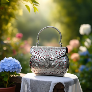 Sac de soirée en métal argenté gravé à la main avec pierres rouges rubis et motif de vigne, poignée supérieure perlée, sac de mariée - Product Image 3