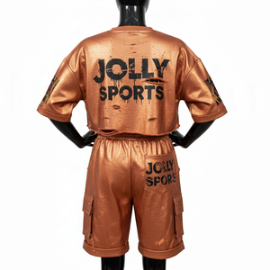 Ensemble court en molleton polyester-spandex pour femme, couleur cuivre métallisé, avec panneaux à motifs et logo personnalisé, 100 % coton (haut court et short) - Product Image 2