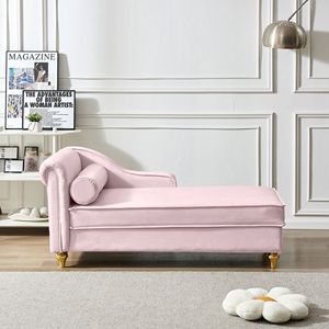 Moderna Chaise Longue in Velluto con Vano Portaoggetti, Rivestita in Rosa - Product Image 3