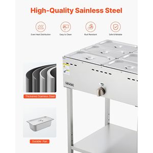 Commercial Propane Steam <b>Table</b> <b>with</b> 6-Pan LP Gas Outdoor Soup Warmer 3\" <b>Wheels</b> Stainless Steel Food Warming & Holding Equipment - Product Image 5