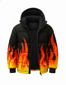 Chaqueta Acolchada Negra con Estampado de Llamas para Hombre, Chaqueta de Invierno con Capucha, Estilo Urbano, Hip Hop, Moda - Product Image 4