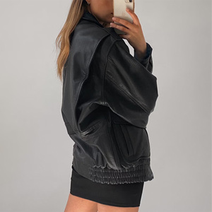 Women's <b>Black</b> PU Leather Bomber <b>Jacket</b> Full Sleeve Turn-down Collar Zipper Closure Autumn Style Windproof - Product Image 4