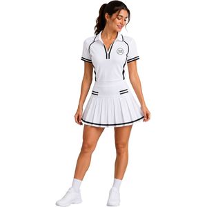 Ensemble polo et jupe plissée blanc et noir pour femme, tenue de sport athlétique personnalisée, respirante, séchage rapide, performance sur mesure - Product Image 1