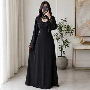 Robe Abaya Noire Brodé Moderne en Crêpe Coupe Droite pour Femme – Élégante, Modeste, Col Montant, Manches Longues, Idéale pour Soirées et Cérémonies, Coupe Naturelle - Product Image 1