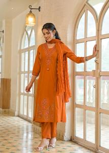 Traditional <b>Indian</b> Women's Cotton Embroidery Quick Dry Knee-Length <b>Kurta</b> Set Pant Dupatta Regular Fit Wedding Party Diwali All - Product Image 4