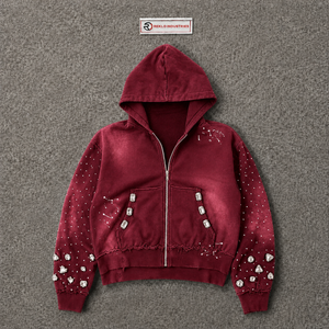 Sudadera con capucha con cremallera, oversize, color granate, con pedrería y cristales, estilo streetwear, con efecto desgastado y lavado vintage, de forro polar, en oferta - Product Image 5