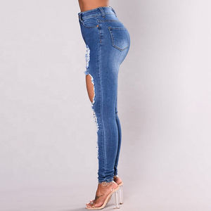 Jean en denim sexy pour femme de haute qualité, déchiré, taille mi-haute, coupe ample, en polyester/coton, lavable, respirant, délavage moyen - Product Image 5