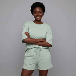 Ensemble 2 pièces décontracté pour femme en coton 100 % avec t-shirt et short en molleton uni, personnalisable avec logo imprimé en 3D (effet délavé) – Collection 2026 OEM/ODM - Product Image 3