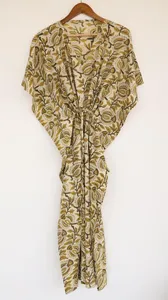 Vintage <b>Boho</b> Floral Block Print White Kaftan <b>Dress</b> With Tie Back Loose Fit Short Sleeve Cotton <b>Summer</b> Long <b>Dress</b> - Product Image 2