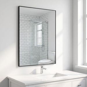 Specchio da Bagno Rettangolare con Cornice in Metallo Nero 24x36 Pollici, Montaggio a Parete - Product Image 1