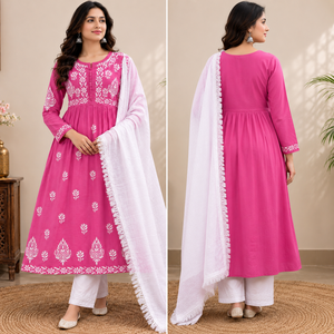 Kurti droit en coton rose brodé à la main style Lucknowi Chikankari, tunique ethnique simple et élégante pour femme - Product Image 4