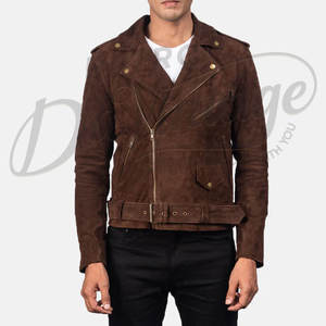 Veste de motard en cuir suédé marron foncé pour homme, classique, double fermeture éclair, en véritable peau de mouton, chaude pour l'hiver, avec ceinture - Product Image 5