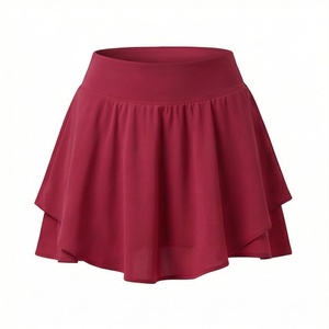 Mini-jupe trapèze rouge pour femme, taille élastique, en mousseline, à volants évasés, couleur unie, respirante, style toutes saisons - Product Image 1