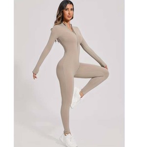 Women's High Waist Long Sleeve Zipper Jumpsuit Solid Color Breathable Spandex Polyester Minimalist Full Length Skinny Fit <b>Yoga</b> - Product Image 4