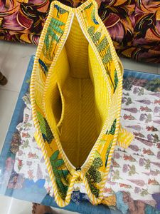 Women Yellow Handmade Quilted Cotton <b>Boho</b> Style Drawstring Closure Shoulder Straps Large Tote <b>Bag</b> Peacock Garden Print <b>Bag</b> - Product Image 3