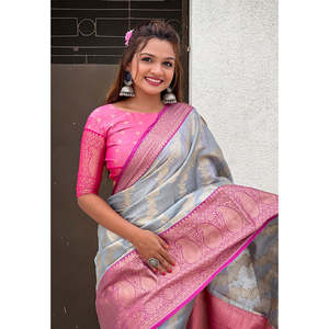 Sari Kanjivaram en soie douce Elite Weaves Leheriya, tissé traditionnellement avec des broderies Zari, gris, réversible, protection solaire, toutes saisons, indien - Product Image 2