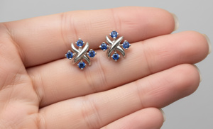S925 Sterling <b>Silver</b> <b>Stud</b> Earrings Blue Round Cut Claw Set Cross Design for Women Party Wedding - Product Image 3