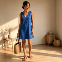Robe d'été décontractée bohème pour femme, en mélange de lin bleu, simple, unie, col en V, sans manches, mini, respirante, idéale pour les vacances