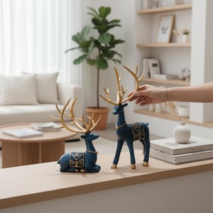 Blue Resin Reindeer Figurines Set of 2 Gold Antlers Contemporary Animal Decor Tabletop Ornament for Living Room <b>Christmas</b> - Product Image 3