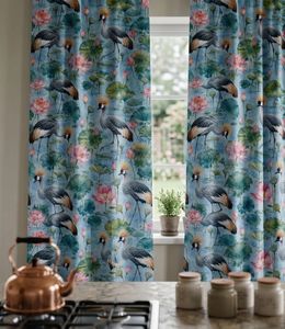 Designer Lotus And Crane Nature <b>Curtain</b> Velvet Or Blackout Art Nouveau Window Each Panel Premium Fabric Drapes for Living Room - Product Image 1