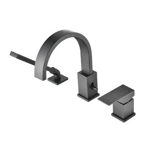 Set rubinetto vasca idromassaggio a 3 fori con doccetta e soffione a cascata, montaggio su piano, per bagno e doccia - Product Image 3
