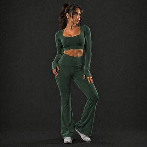 Conjunto de Pantalones de Yoga Acampanados Personalizados al por Mayor para Mujer, Leggings de Cintura Alta, Top Corto de Manga Larga, Conjunto Deportivo Transpirable para Gimnasio - Product Image 1