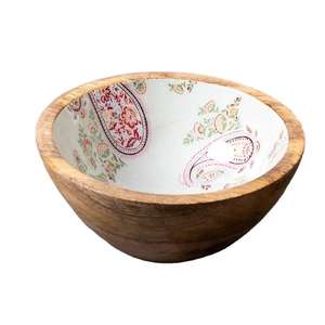 Printed Wooden <b>Dessert</b> <b>Bowl</b> for Kitchen Dining Mango Wood Salad Mixing with Decorative Decal - Product Image 1