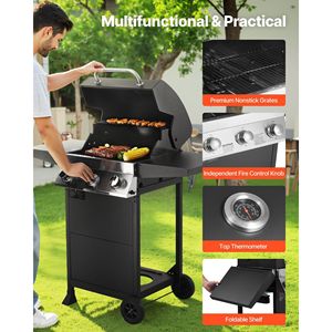 Griglia a Gas propano 3 fuochi 338 mq In spaziosa zona grigliate In acciaio al carbonio griglie smaltate 36 000 BTU pieghevoli per barbecue laterali - Product Image 3