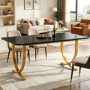 Tavolo da Pranzo Rettangolare in Pietra Sinterizzata e Marmo, Design Robusto in Legno Massello - Product Image 1