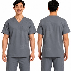 Haut de blouse médicale gris pour homme, col en V, manches courtes, en coton et polyester tissé, respirant, multi-poches, pour le travail en milieu médical, hospitalier et de soins infirmiers - Product Image 1