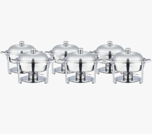 Juego de 6 recipientes redondos para buffet de acero inoxidable de 6Qt con tapa de vidrio al mejor precio. - Product Image 1