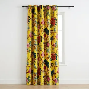 Tela de Terciopelo de Algodón Estampada a Mano, Color Amarillo Sol, con Diseño Floral, para Tapicería de Lujo - Product Image 2