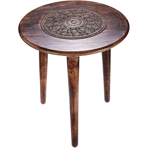Table basse ronde en bois de manguier massif, faite à la main, avec 3 pieds en forme de pilier, décorée d'un mandala floral sculpté à la main, table d'appoint pour salon - Product Image 1