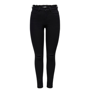 Vaqueros ajustados de algodón negro elegantes y casuales para mujer, pantalones de mezclilla elásticos con efecto rasgado y estampado de logo en la cintura - Product Image 1