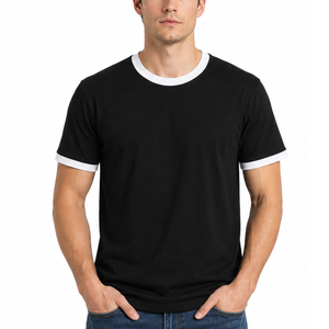 Camiseta Ringer para Hombre con Logotipo Personalizado, Cuello Redondo Acanalado con Ribete en Contraste, Manga Corta, Color Negro Liso - Product Image 1