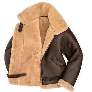 Blouson aviateur en cuir véritable pour homme avec doublure en sherpa, col montant, coupe-vent, hiver, streetwear, capuche, logo frontal, coupe classique - Product Image 3