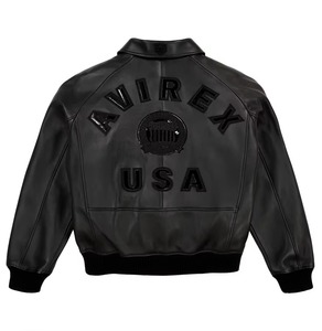 2026 Avirex Men's Black PU Leather Bomber <b>Jacket</b> with Patch Embroidery Design Turn-down Collar Zipper Closure Regular Fit - Product Image 2