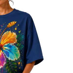 Camiseta Extra Grande Azul Marino para Mujer con Estampado Gráfico de Flor de Hibisco Colorida, Camiseta Casual de Algodón para Verano, Personalizada OEM ODM al por Mayor - Product Image 4