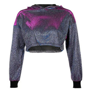 Sweat-shirt court à capuche pour femme, orné de paillettes, coupe oversize à épaules tombantes, pull tricoté d'automne à manches courtes - Product Image 4