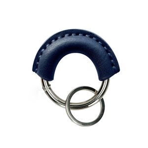 Porte-clés de luxe fait main en cuir bleu avec logo personnalisé brodé, anneau en D pour clés de voiture, anneau fendu en métal argenté en acier inoxydable - Product Image 1
