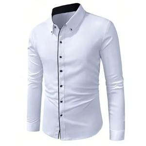 Camisa de Manga Larga de Mezcla de Seda Premium, Camisa Formal Blanca Clásica de Manga Larga, Camisa Negra Ajustada de Manga Larga, Estilo Urbano - Product Image 1