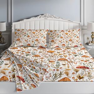 Set di lenzuola piatte rosse a forma di fungo da 4 pezzi con motivo floreale e 2 federe per decorazioni a tema piante del mondo - Product Image 6